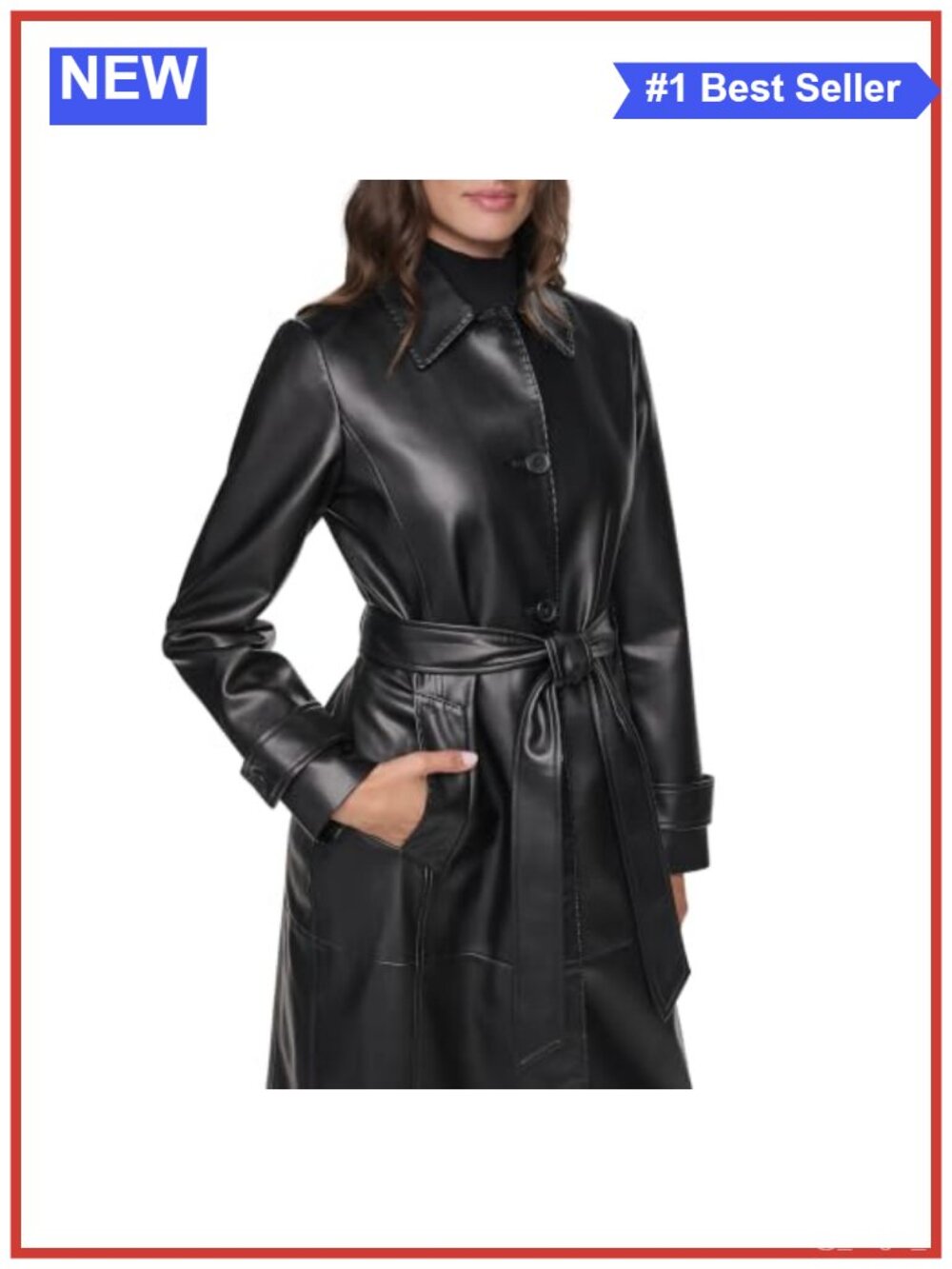 Long Faux Leather Belted Trench Coat Button Front Tailored Collar